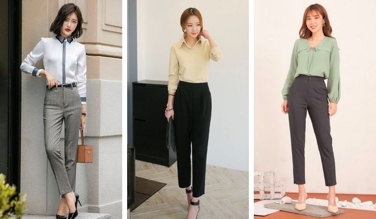 Quần tây kết hợp cùng sơ mi là combo kinh điển của mọi cô nàng công sở.